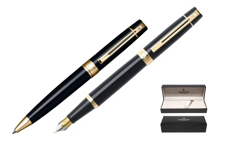 9325 Zestaw (pióro wieczne i długopis) Sheaffer kolekcja 300, czarne, wykończenia w kolorze złotym